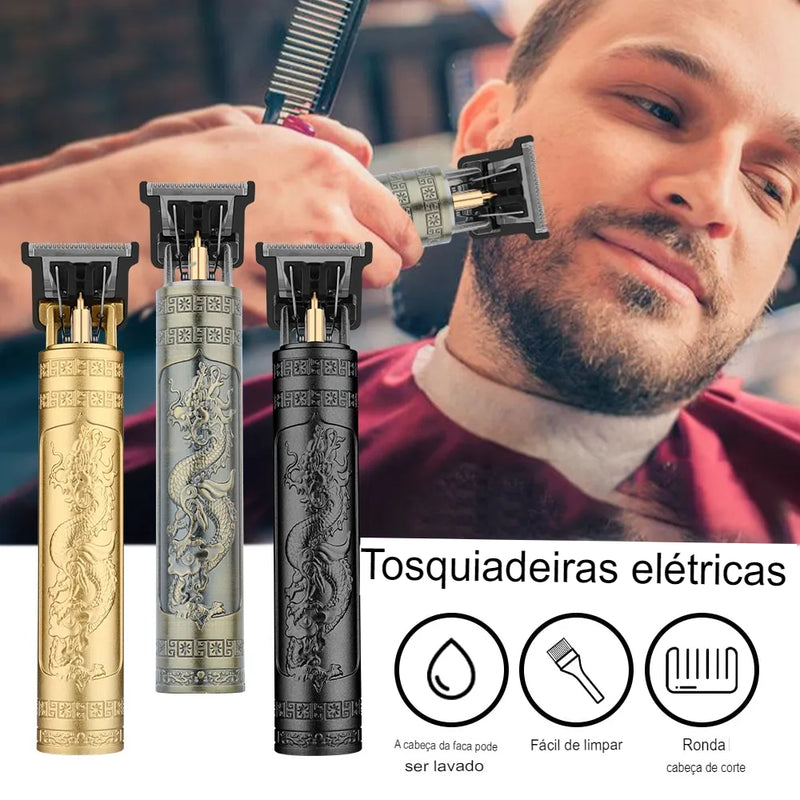 Máquina de cortar cabelo elétrica vintage T9, aparador de pelos profissional, barbeador masculino, recarregável, aparador de barbeiro para homens, dragão, buda