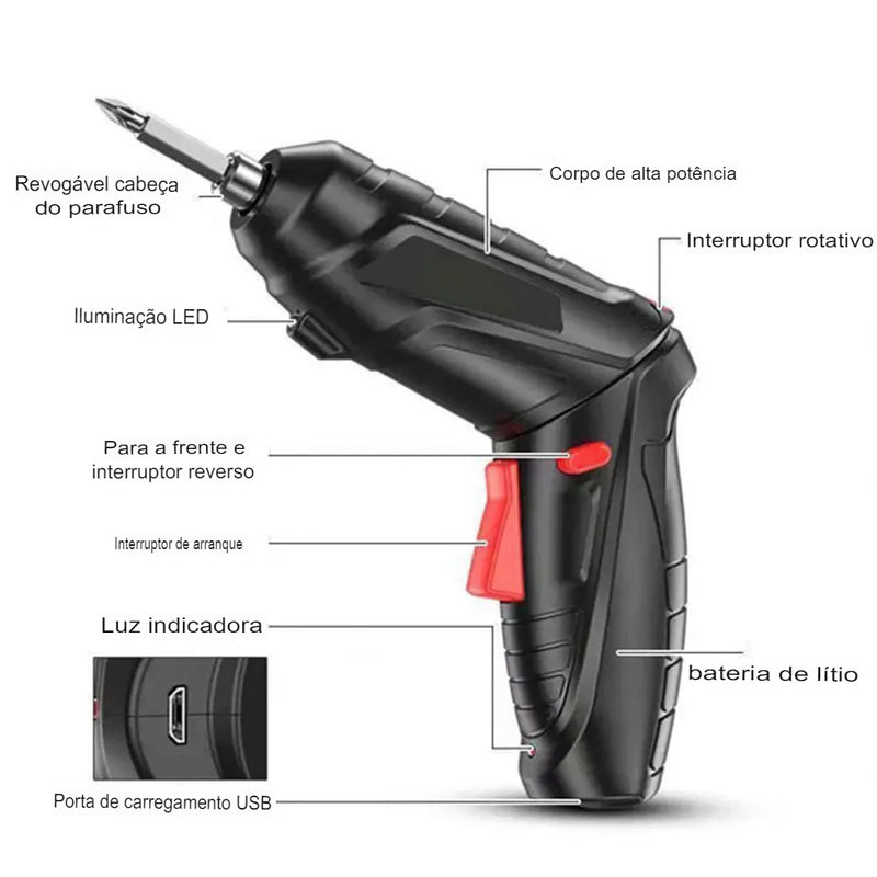 Chave de fenda elétrica 3,6 V, furadeira elétrica doméstica recarregável, iluminação LED, chave de fenda elétrica, ferramenta elétrica portátil