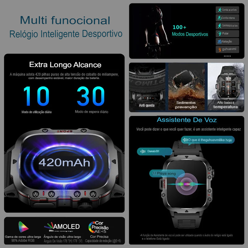 2024 Novo  Xiaomi Militar Smart Watch Homens IP68 5ATM Esportes ao ar livre Fitness Tracker 24H Monitor de saúde 1,96 polegadas Smartwatches