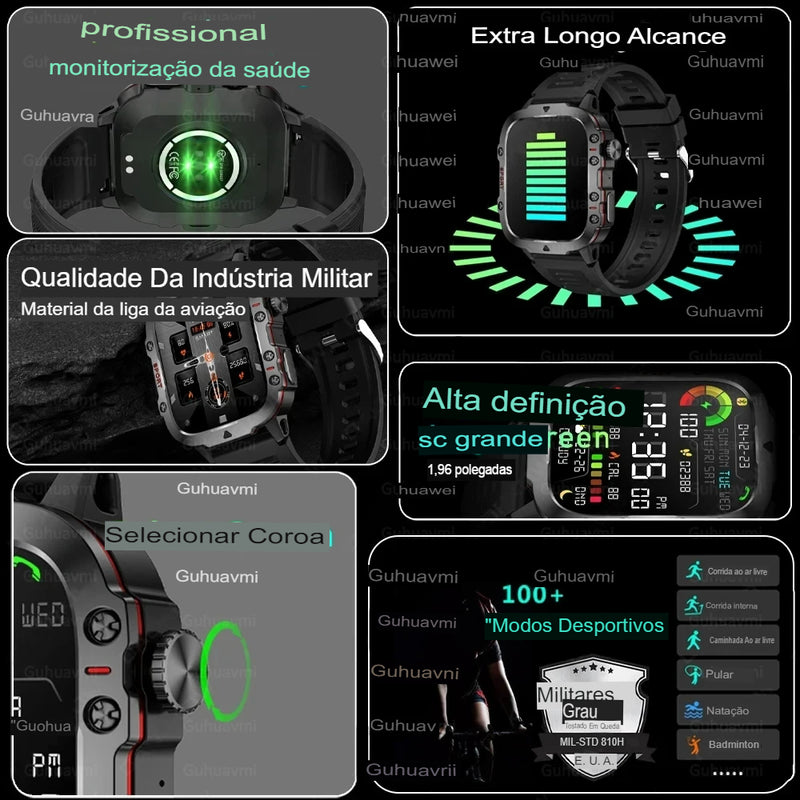 2024 Novo  Xiaomi Militar Smart Watch Homens IP68 5ATM Esportes ao ar livre Fitness Tracker 24H Monitor de saúde 1,96 polegadas Smartwatches