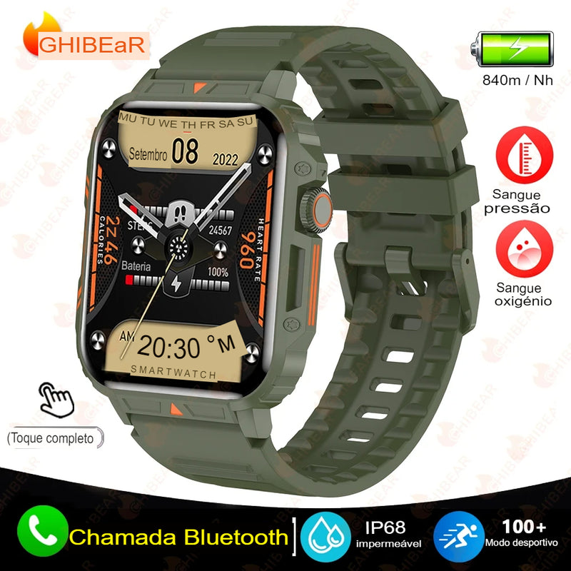 Relógio Militar Outdoor GPS Sport 1.95" com Monitor de Frequência Cardíaca, Oxigênio no Sangue e Chamada Bluetooth para Android e iOS